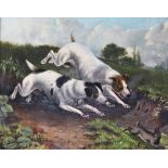 English school (19th century), Oil on board, Jack Russells chasing a rabbit, Initialled 'J.S.' lower