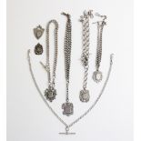 Five silver Albert chains, measuring between 33.5cm long and 44cm long, four with attached silver