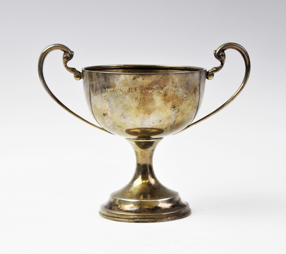 A silver twin-handled pedestal trophy cup by F Johnson & Sons, Birmingham 1933, the circular bowl