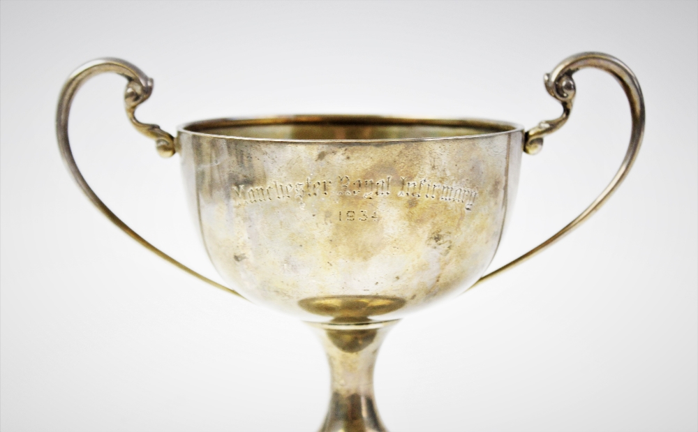 A silver twin-handled pedestal trophy cup by F Johnson & Sons, Birmingham 1933, the circular bowl - Image 3 of 4