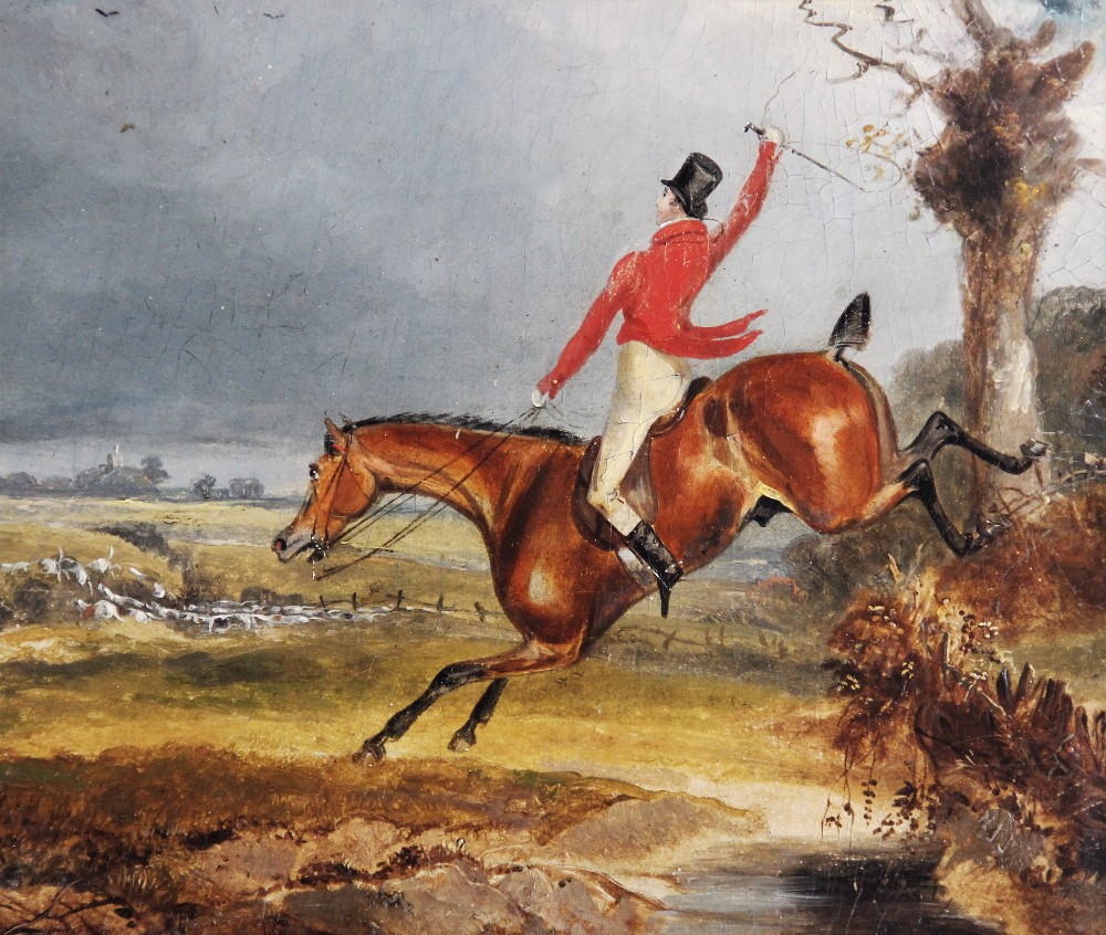 English school (19th century), A pair of oils on board, Hunting scenes with horses jumping fences - Image 2 of 3