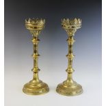 A pair of brass Ecclesiastical type pricket candlesticks, 20th century, each with an openwork