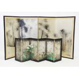 A Japanese four-fold screen/furasaki, 20th century, the rectangular panels decorated against a