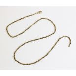 A yellow metal box link chain, with spring ring and loop fastener, indistinctly marked '9', 49cm