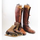 A pair of early 20th century laced leather hunting boots, by Maxwell of London, with three buckle
