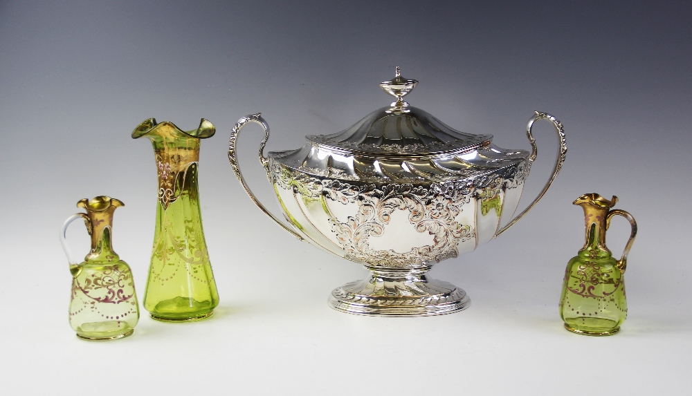 A silver plated soup tureen and cover, 20th century, the tureen of typical form with wrythen body