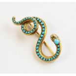 A Victorian gold and turquoise set snake form brooch, the coiled serpent set with graduated cabochon