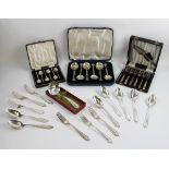 A selection of silver plated flatware, to include cased sets of teaspoons, soup spoons, and cake