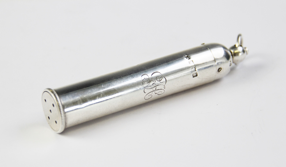 An Edwardian silver thermometer holder, marks for 'NM', London 1906, of plain polished cylindrical