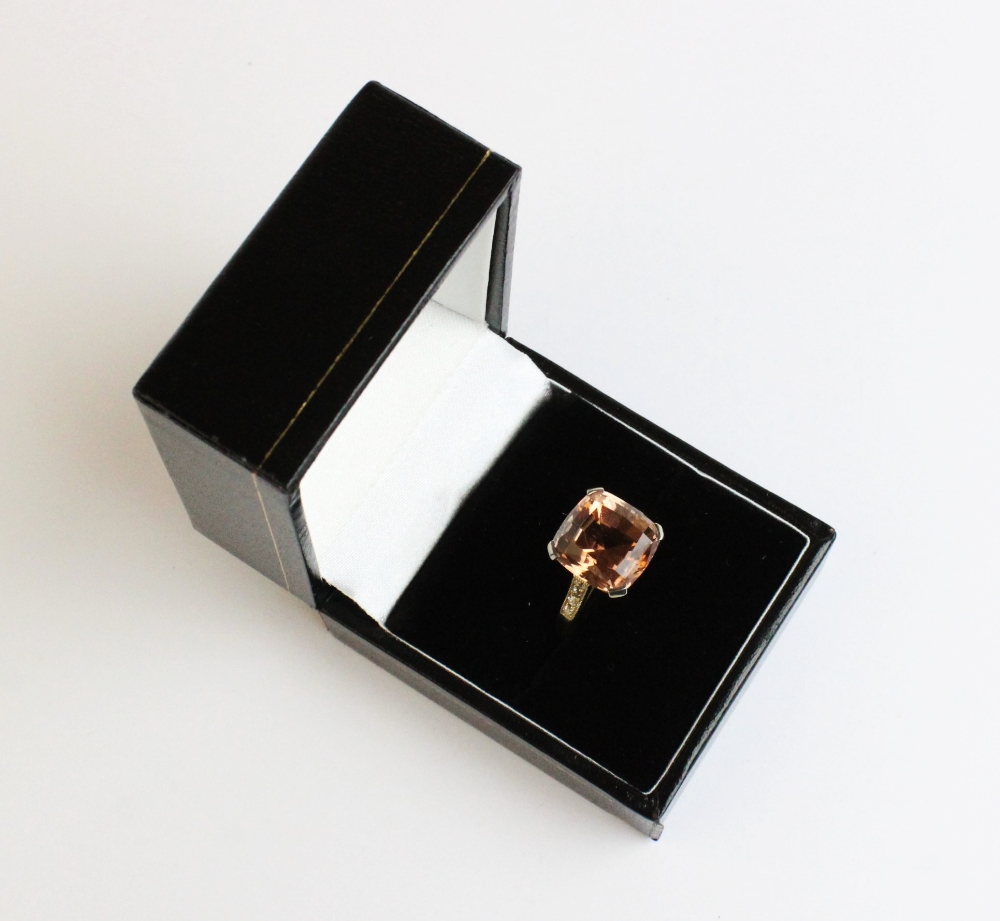 A tourmaline and diamond ring, comprising a central pinkish-orange square cushion cut tourmaline - Image 4 of 8