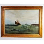 English School (19th century), Oil on canvas, Maritime landscape with masted ships at sea port-side,