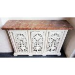 A Victorian Coalbrookdale type cast iron and marble radiator cover, the rectangular rouge marble