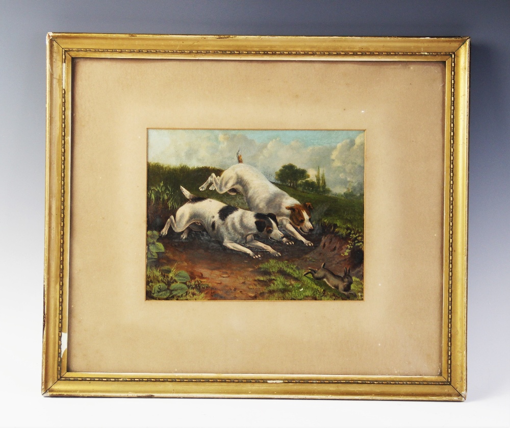 English school (19th century), Oil on board, Jack Russells chasing a rabbit, Initialled 'J.S.' lower - Image 2 of 2