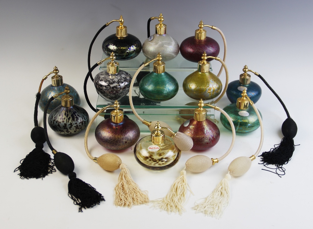 A collection of Royal Brierley perfume atomiser bottles, each of typical form, decorated with