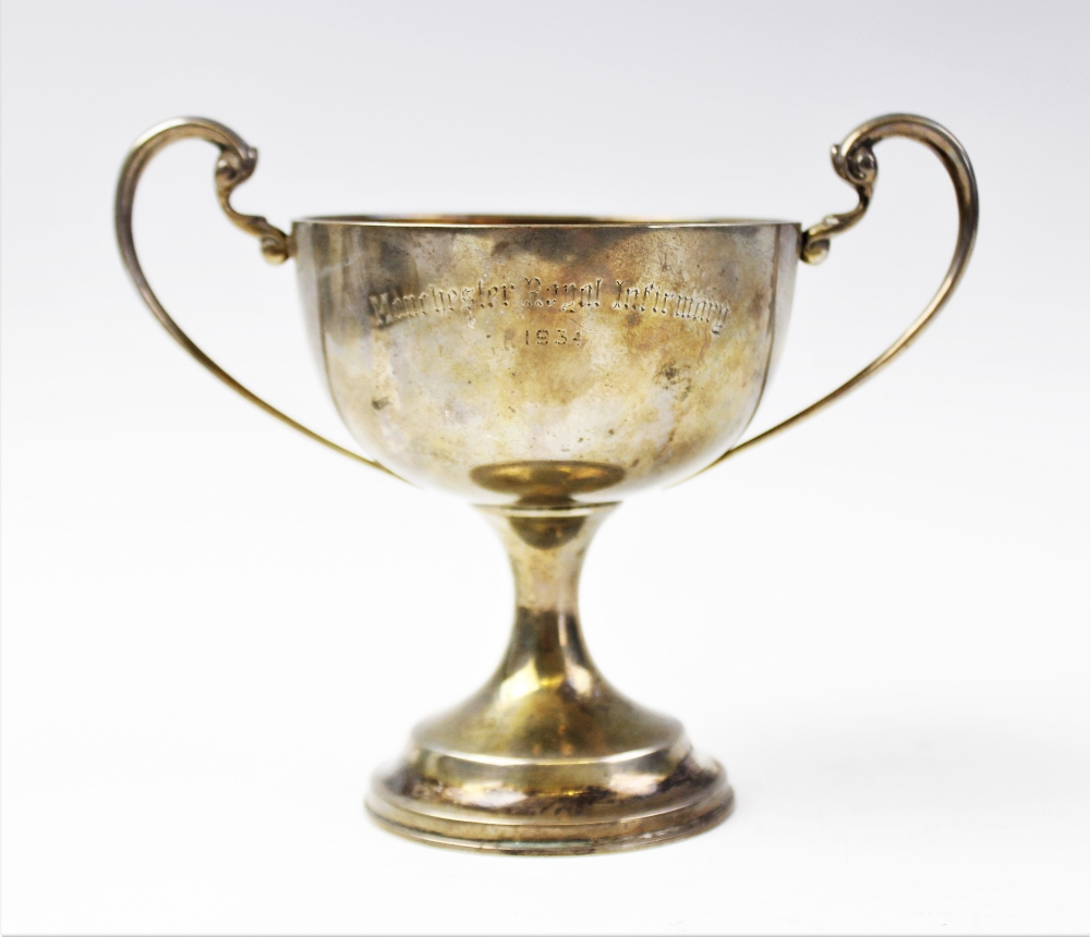 A silver twin-handled pedestal trophy cup by F Johnson & Sons, Birmingham 1933, the circular bowl - Image 4 of 4