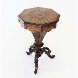 A Victorian inlaid rosewood sewing table, of trumpet form, the octagonal hinged cover enclosing a