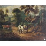 English School (Naive 19th century), Oil on canvas, Rural landscape with horses on a path and a milk