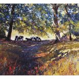 John Hammond SWAc (contemporary British), Limited edition print on paper, Cows grazing under