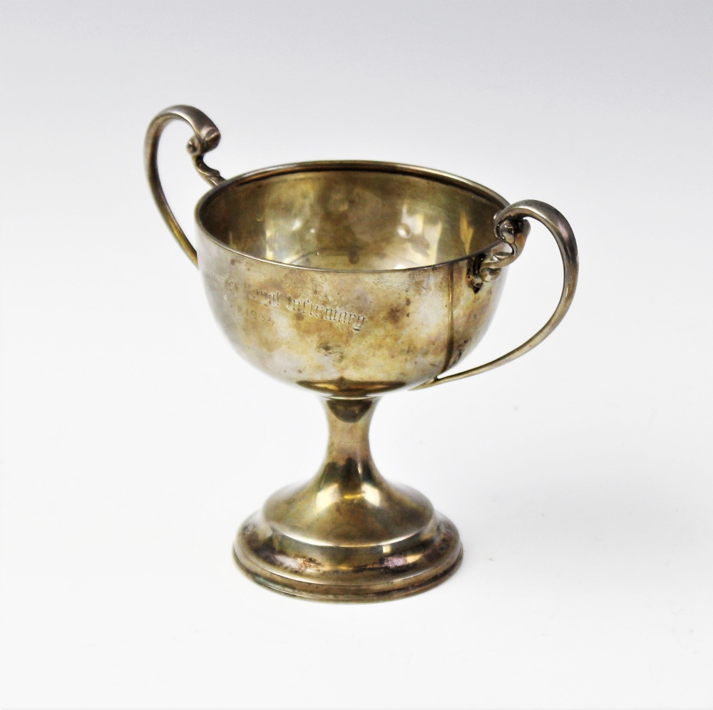 A silver twin-handled pedestal trophy cup by F Johnson & Sons, Birmingham 1933, the circular bowl - Image 2 of 4