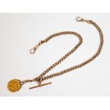 A 9ct gold curb link Albert chain, with attached T-bar link and lobster claw fastenings, 42cm