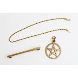 A 9ct gold pentagram pendant, 2.6cm diameter, together with yellow metal bar brooch stamped '9CT' to