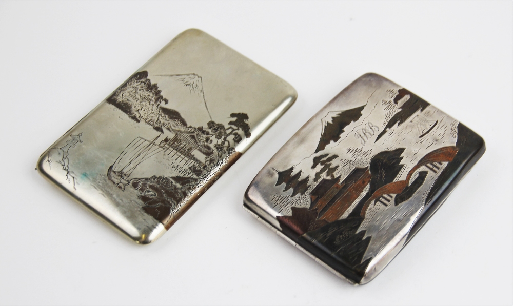 A Japanese sterling silver and copper inlaid cigarette case, of rectangular form dedicated with