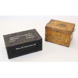 A vintage metal deed box, the yellow painted box with drop shadowed gilt painted gothic script to