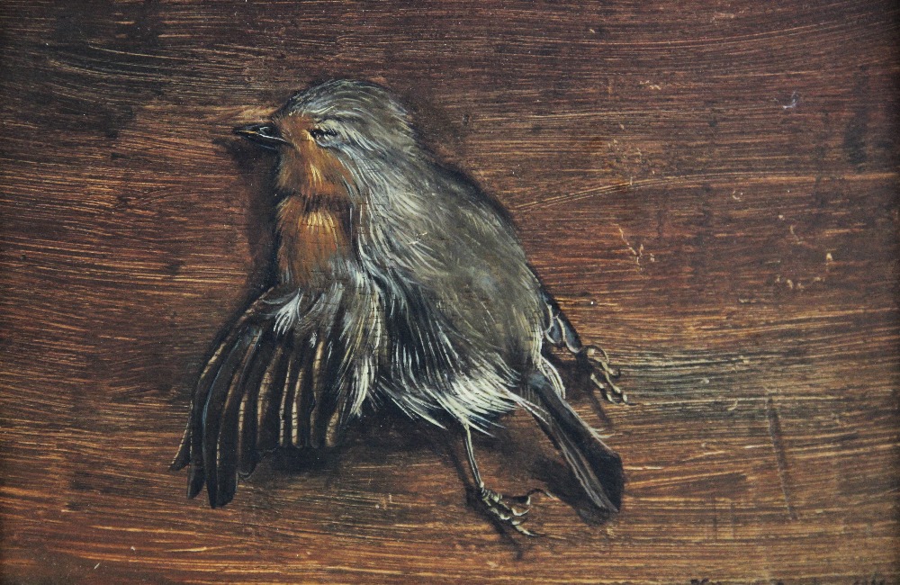 After Van Den Bossche (Flemish), Oil on oak panel, Still life of a robin, Signed 'H.Van den Bossche' - Image 2 of 3