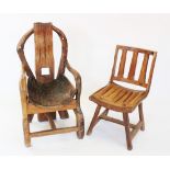 A harlequin set of four driftwood patio or garden chairs, each chair with a substantial rail or