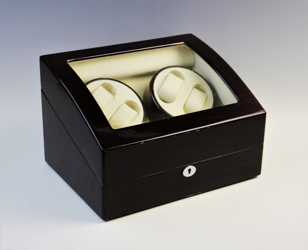 A contemporary wood effect lacquered and glazed watch display case, of rectangular form with two - Image 2 of 2