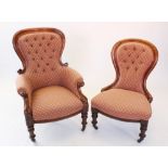 A pair of ladies and gents Victorian mahogany framed drawing room chairs, stamped 'G & C 260 8', the