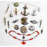 A quantity of agate set and Scottish type jewellery, to include two anchor shaped brooches, 7.5cm