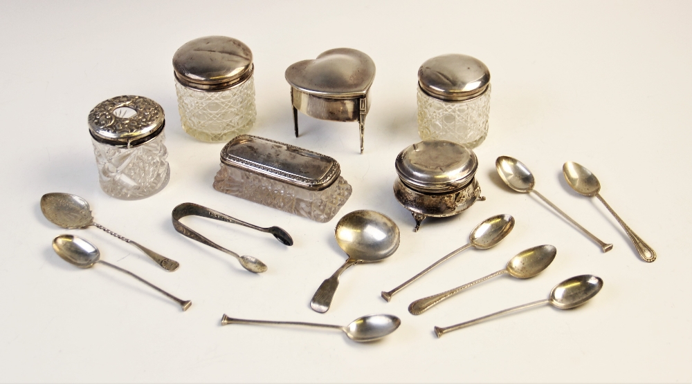 A selection of silver and silver topped dressing table wares, to include a silver mounted heart-