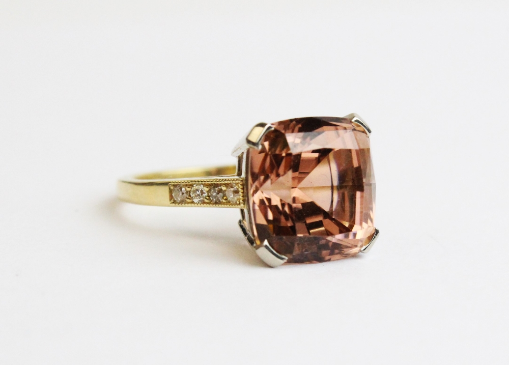 A tourmaline and diamond ring, comprising a central pinkish-orange square cushion cut tourmaline - Image 3 of 8