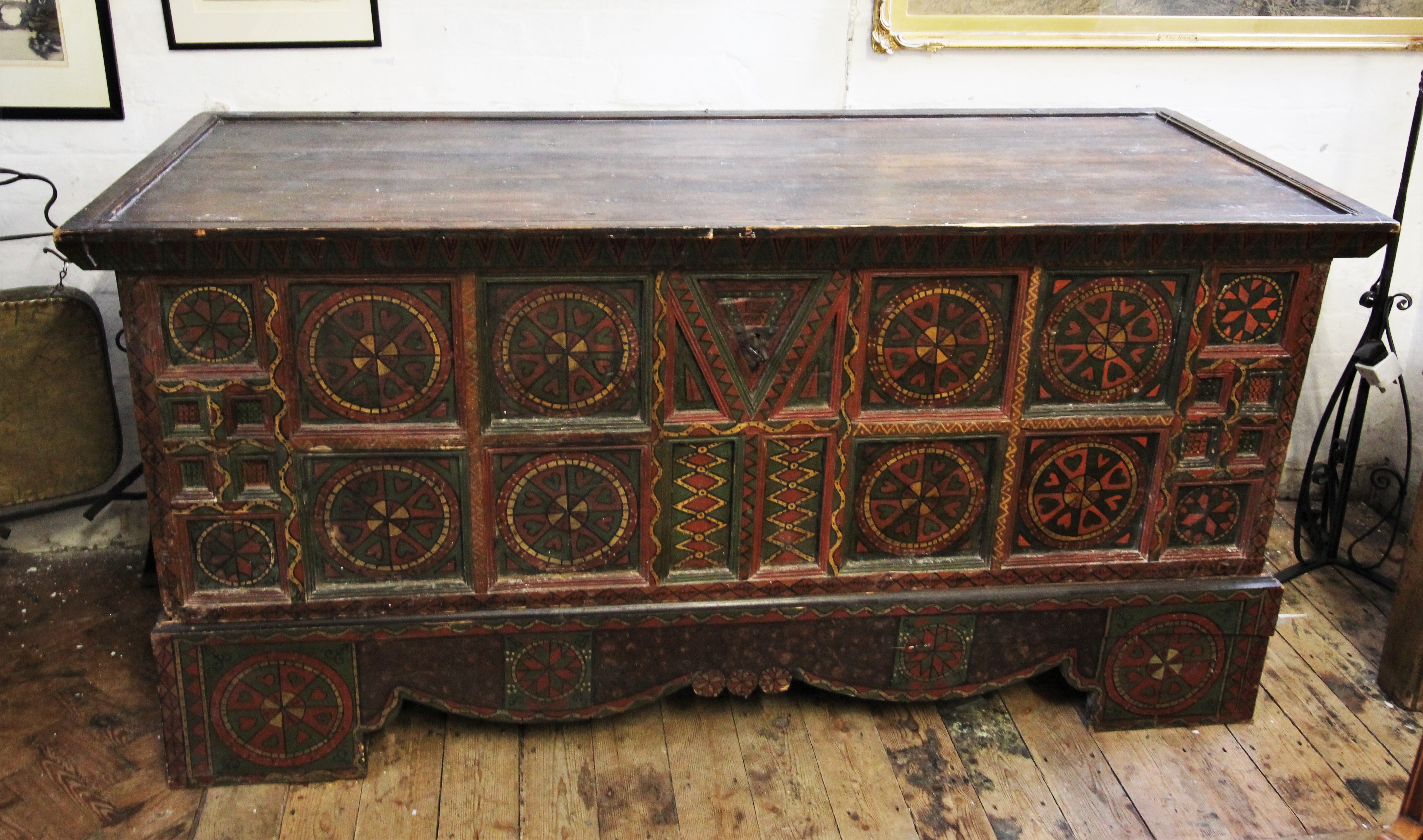 A 19th century Eastern European painted folk art pine chest, painted with geometric designs, the - Image 2 of 2