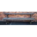 Three 19th century pine benches, raised upon demi lune cut trestle type supports, approx. length