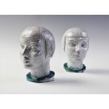 A pair of German Art Deco ceramic heads, circa 1925, the white glazed heads each modelled