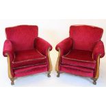 A mid 20th century Dutch walnut and red velour three piece lounge suite, the three seater settee