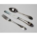 A Victorian silver christening set comprising knife, fork and spoon by Martin, Hall & Co,