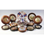 Eight framed Prattware pot lids, late 19th century, depicting a hunting scene, a horse racing