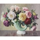 Thomas Bradley (1889-1993), Oil on board, Still life with roses in a cornucopia vase, Signed lower