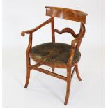 An early 19th century Dutch fruit wood and marquetry elbow chair, the concave top rail inlaid with a