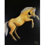 J. Mickle a.k.a. 'JAX' (contmporary British), Acrylic on black canvas, 'Rearing Horse', Signed and