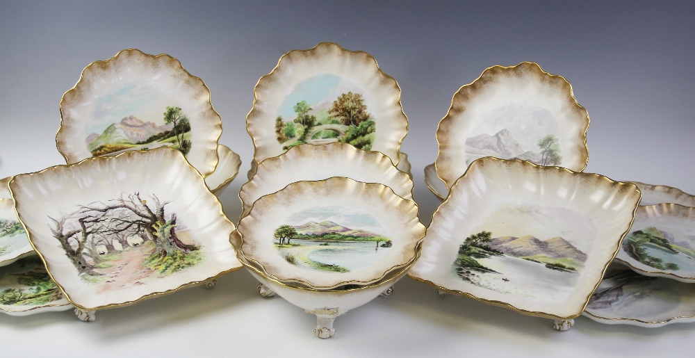A late 19th century Doulton of Burslem eighteen piece dessert service, later painted with