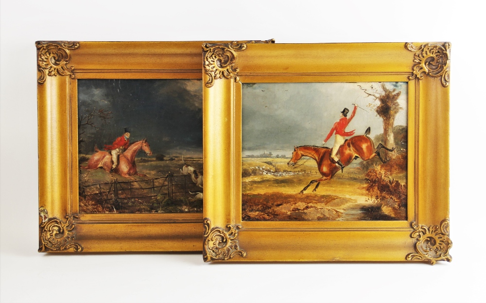 English school (19th century), A pair of oils on board, Hunting scenes with horses jumping fences