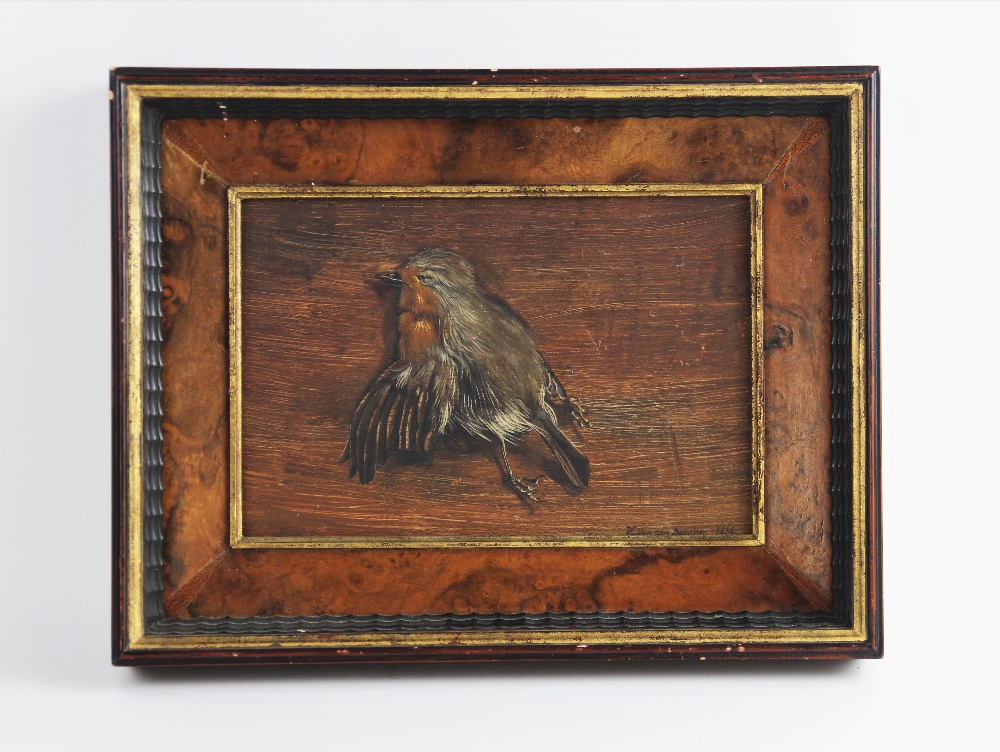 After Van Den Bossche (Flemish), Oil on oak panel, Still life of a robin, Signed 'H.Van den Bossche'