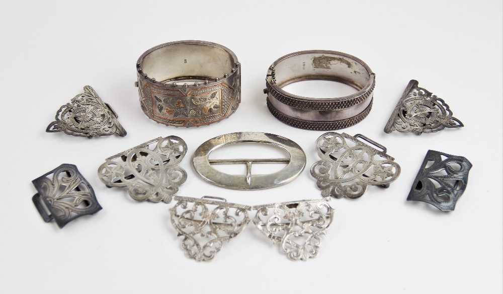 A Victorian silver three-colour bangle by Jackson Brothers, Birmingham 1883, with floral - Image 2 of 2