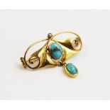 An Art Nouveau 9ct gold turquoise and pearl set brooch by Murrle Bennett, comprising a central
