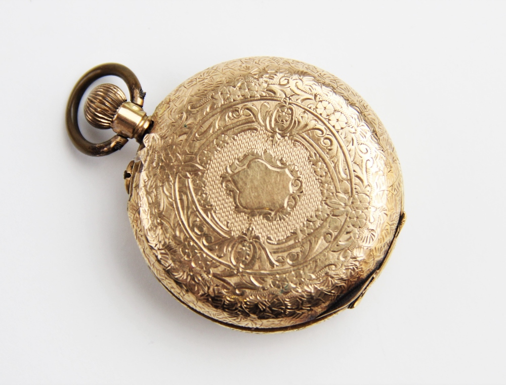 A lady's continental 14ct gold fob watch, the round white dial with roman numerals and gilt - Image 2 of 2