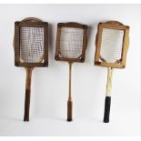A 1904 Patent No.4665 fishtail tennis racket, 69cm overall, with a Slazengers Ltd London Stadium